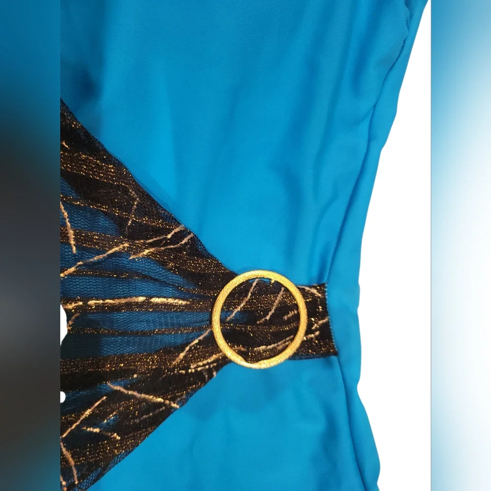 NEW without Tags One Piece Swimsuit Blue Black Mesh/ Gold Accent Sz.14